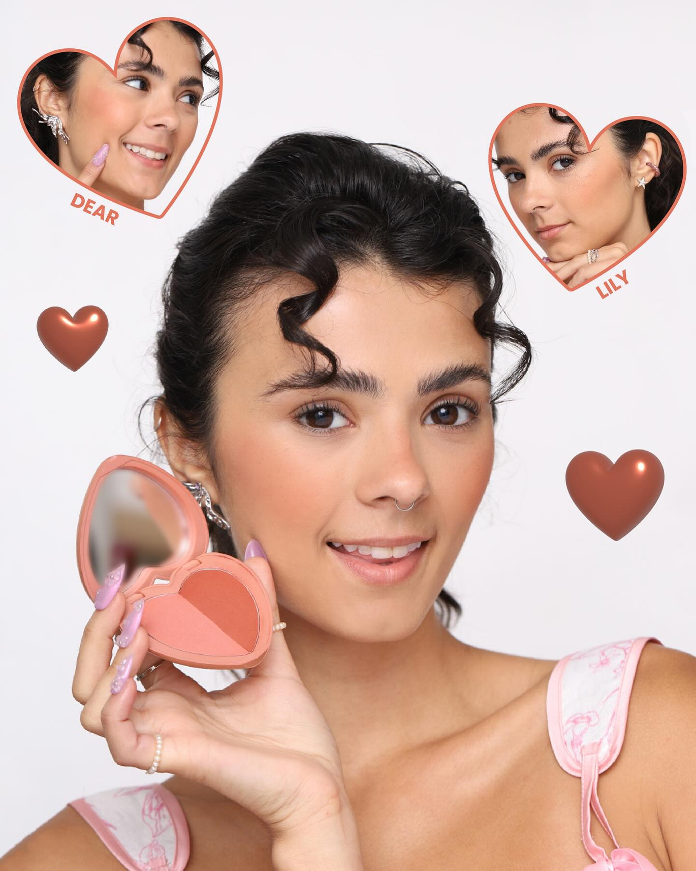 Chu Chu Beauty Heart Blush Duo with model showcasing Dear Lily shade