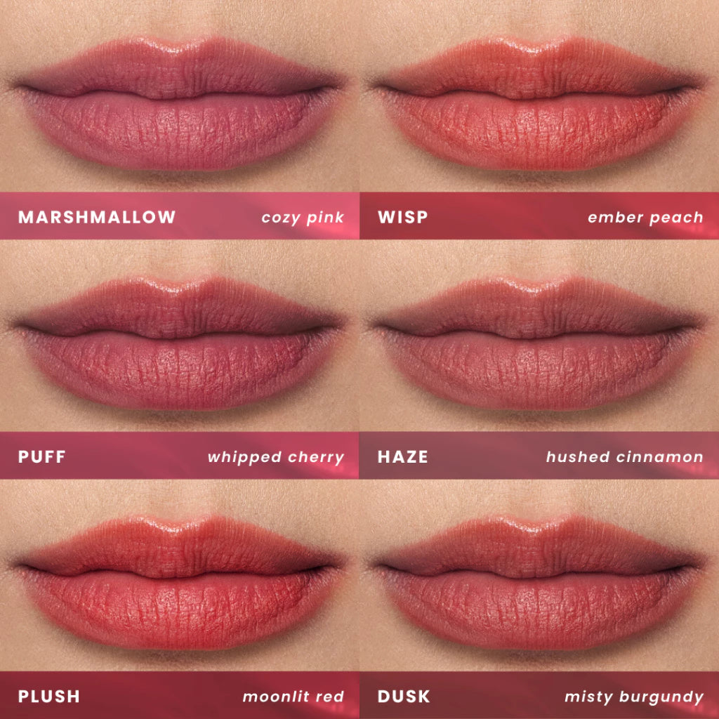 Cloud Matte Tint lip swatches: Marshmallow, Wisp, Puff, Haze, Plush, Dusk