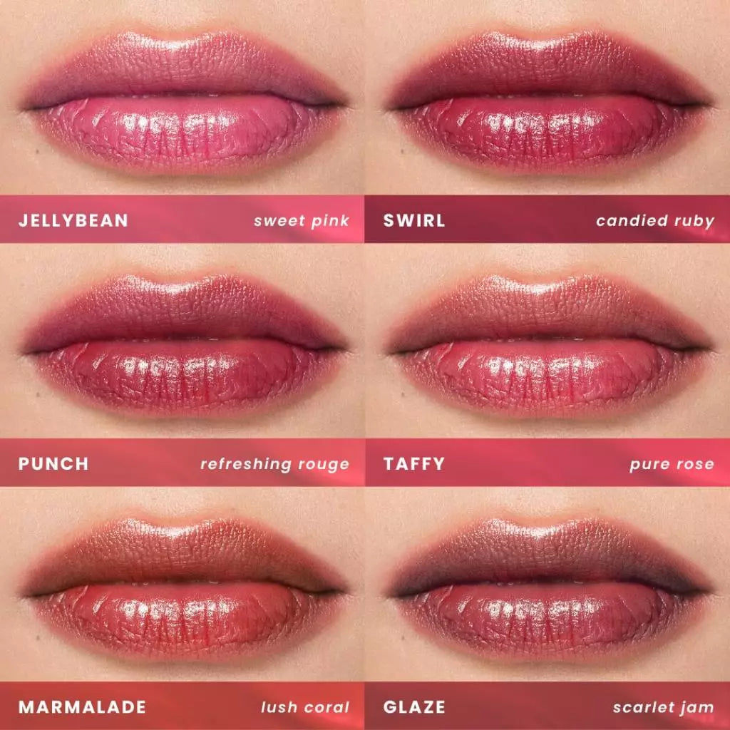 Juicy Dew Tint lip swatches: Jellybean, Swirl, Punch, Taffy, Marmalade, Glaze