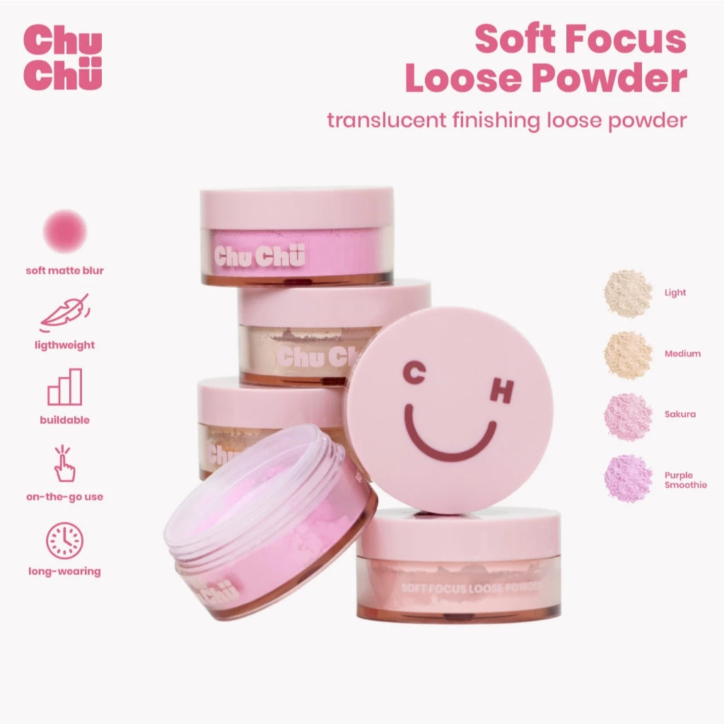 Chu Chu Beauty Soft Focus Loose Powder in 4 shades with model applying product